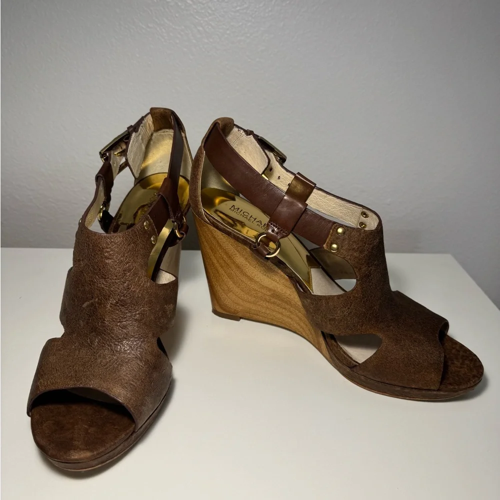 Michael Kors Brown Leather Wedge Sandals - Picture 2 of 5